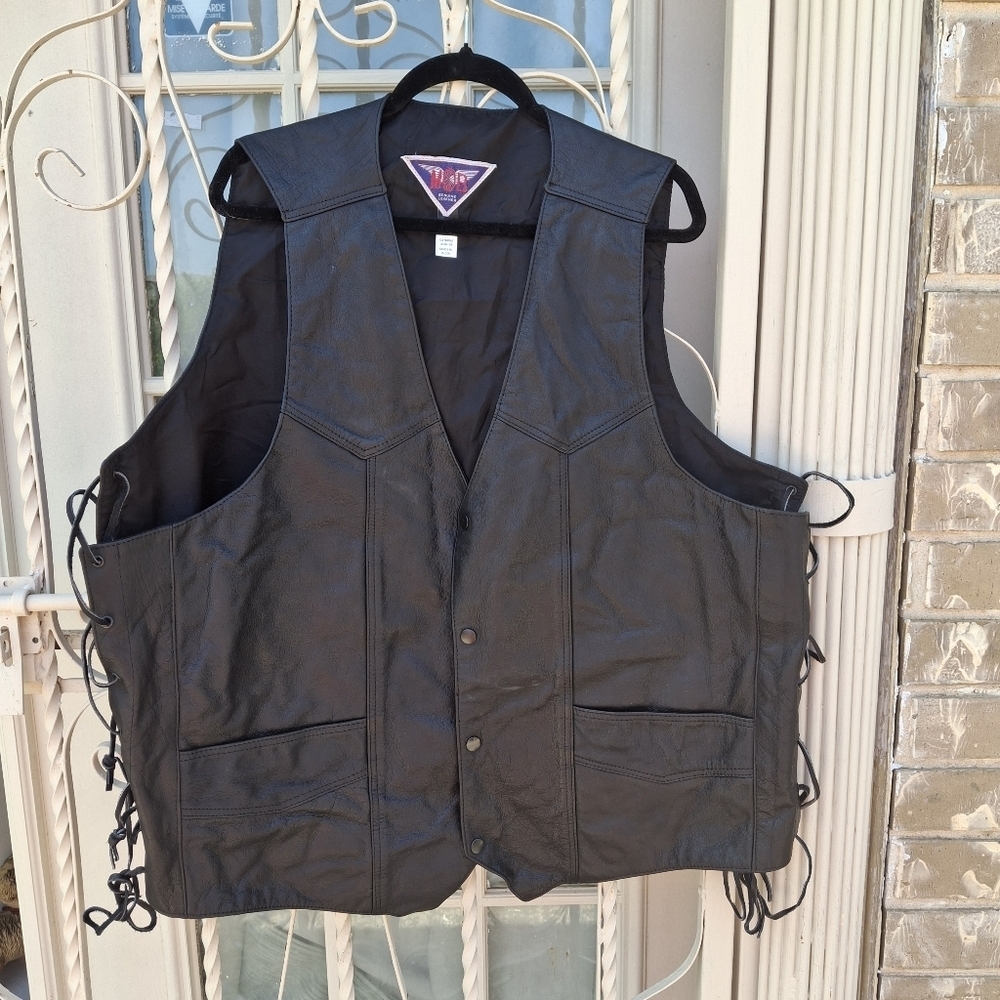 MOB Leather Side Lace Black Motorcycle Vest Men Size 4XL - Picture 4 of 16